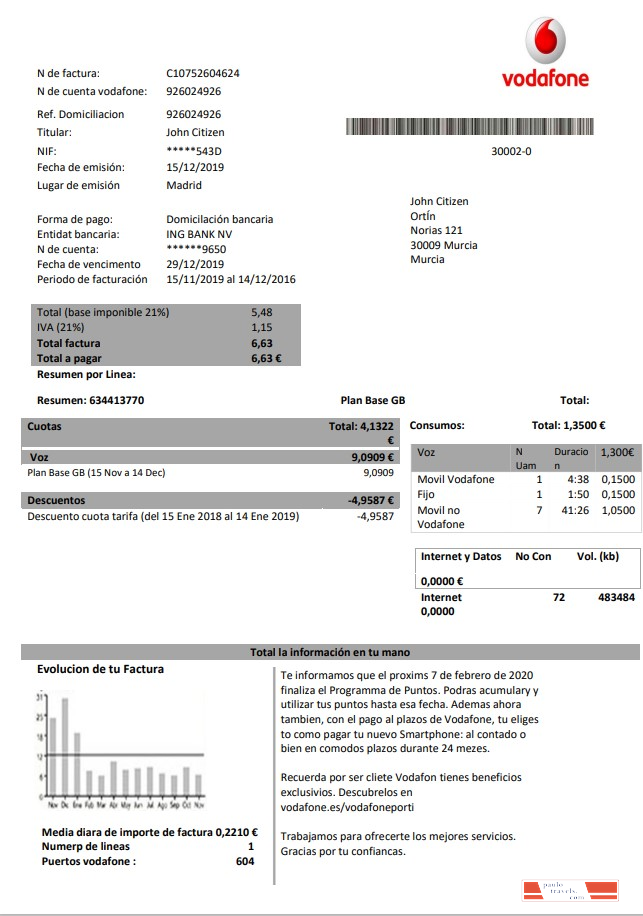 Spain Vodafone telecommunications utility bill template in Word and PDF format